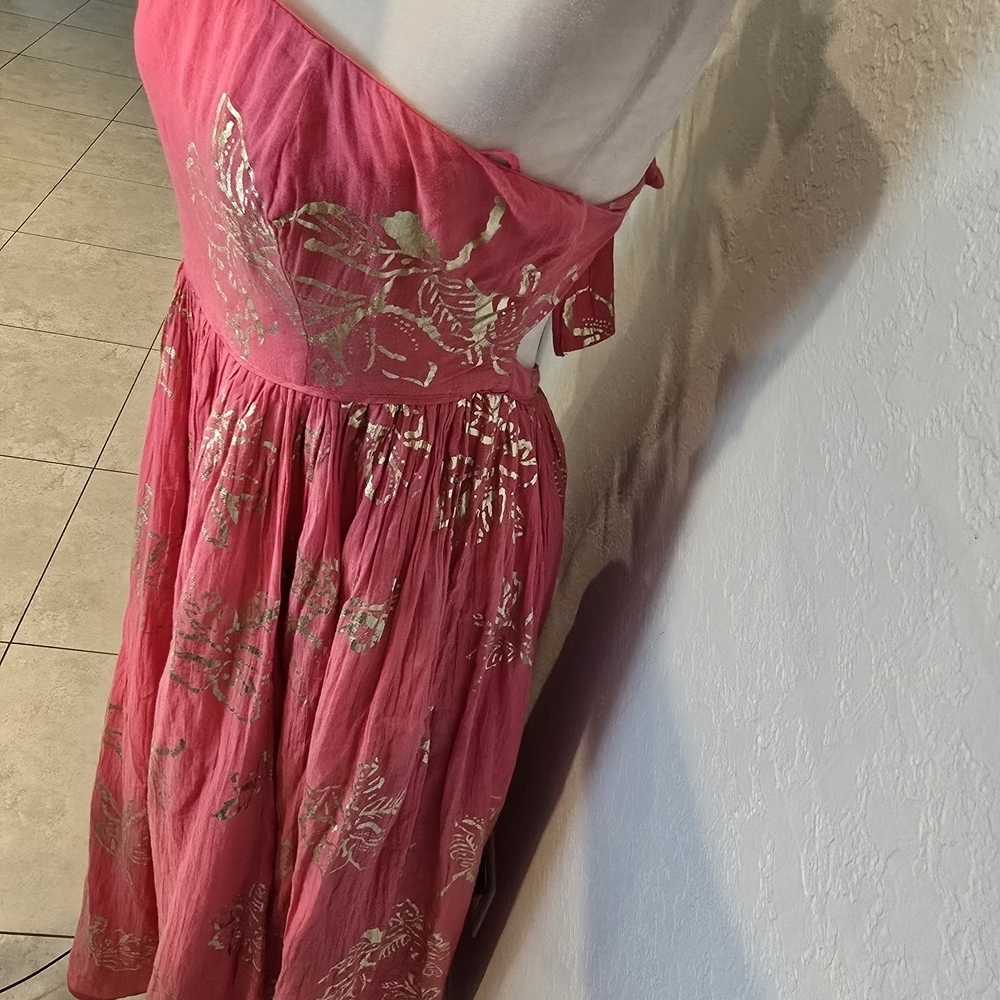 Free People Dress Baja Babe Midi Pink Metallic Floral Strapless Back Tie M - Picture 5 of 9